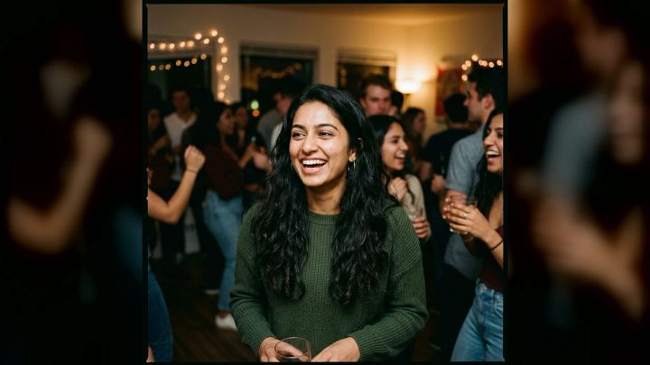 smiling woman in a green sweater at a warm indoor college party