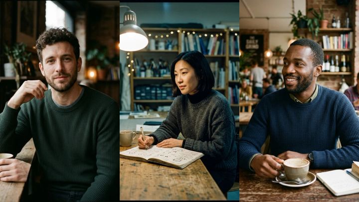 Three natural dating profile portrait ideas in warm café and creative indoor settings