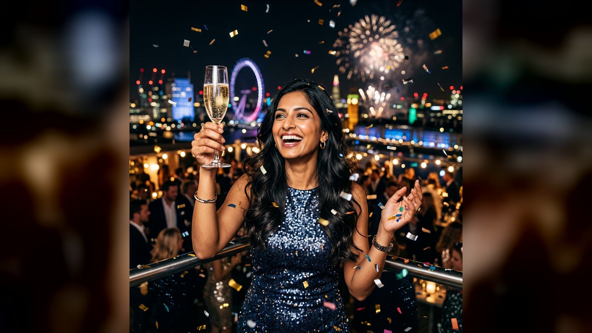 New Year's Eve rooftop portrait with confetti, fireworks, and a sparkling drink