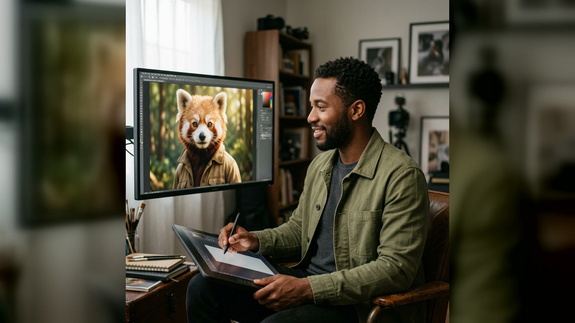 Creator reviewing an anthropomorphic red panda character concept with imageat