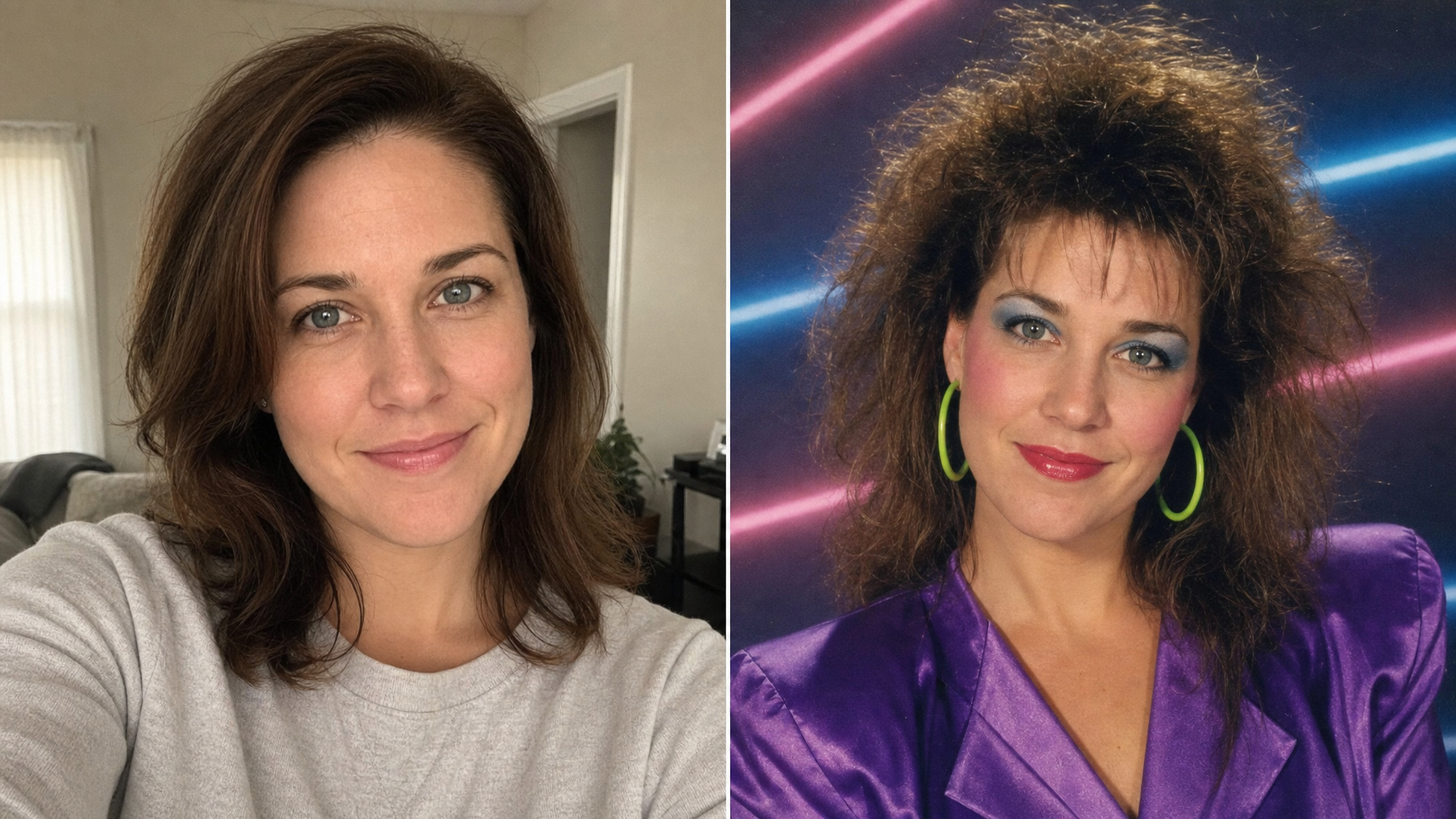 Before and after example of the 80s AI photo trend created for imageat
