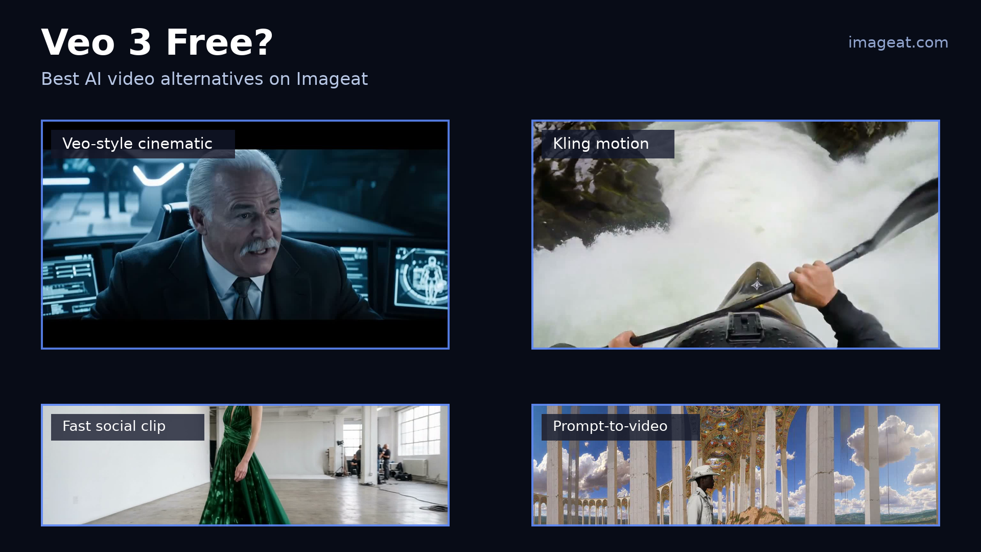 Veo 3 free alternatives collage made from Imageat-hosted AI video examples
