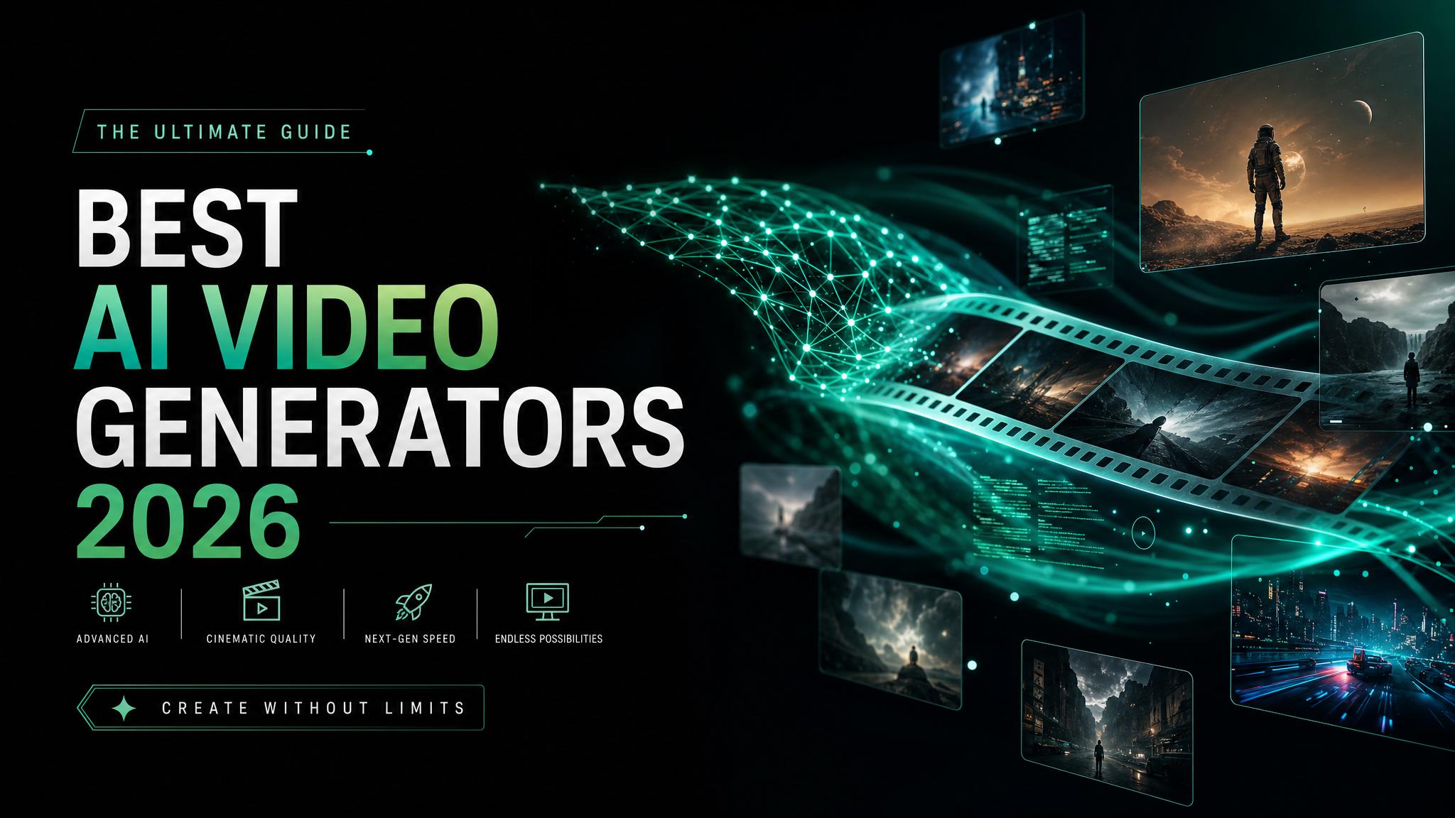 Best AI Video Generators 2026 — cinematic film strip and neural network hero