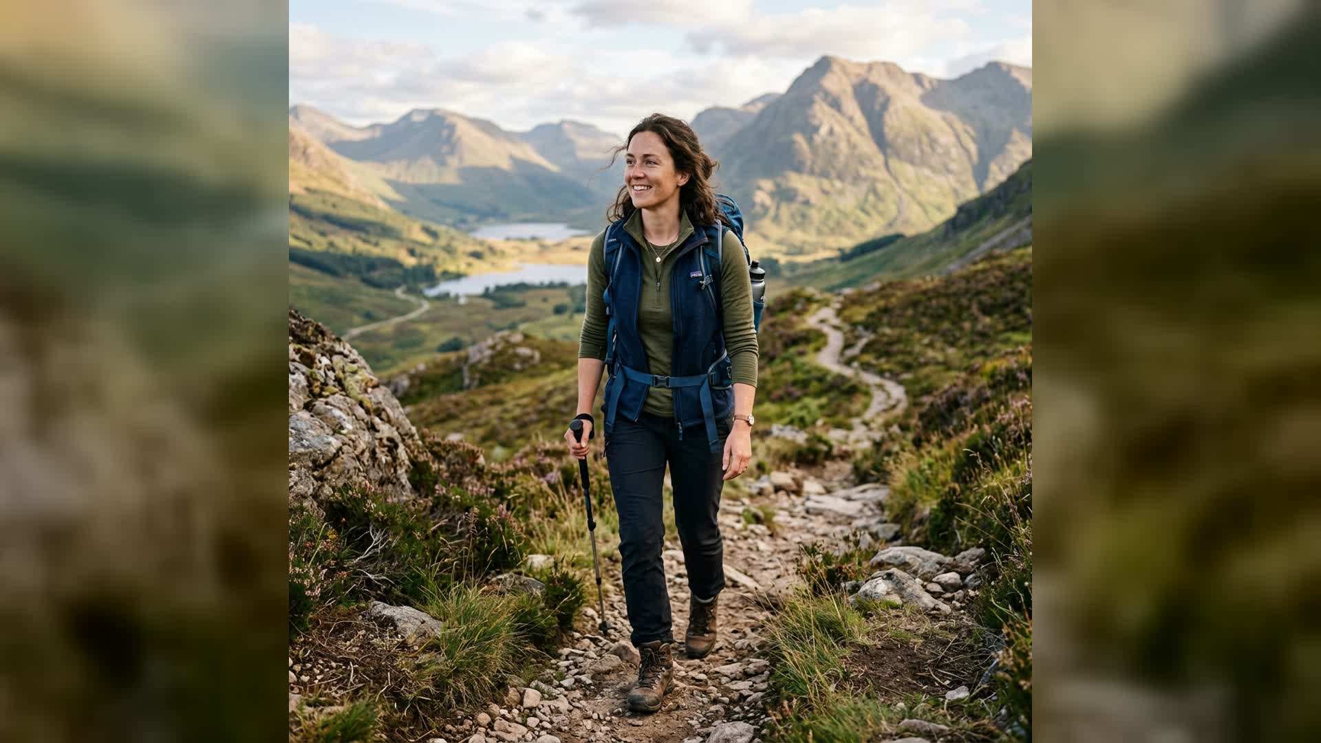 Hiker walking on a mountain trail with a backpack and trekking pole