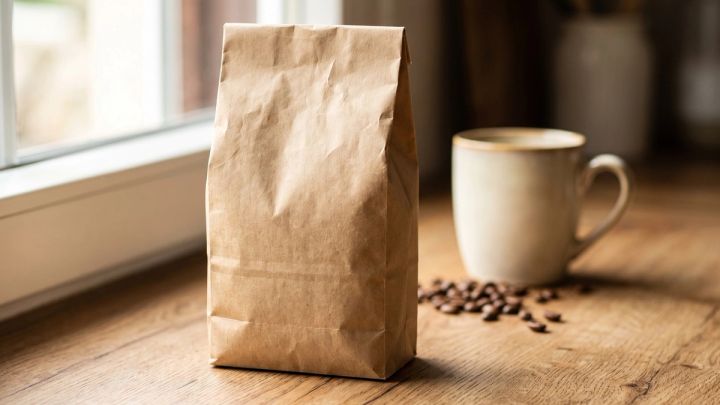blank coffee bag and cup photographed with warm directional window light