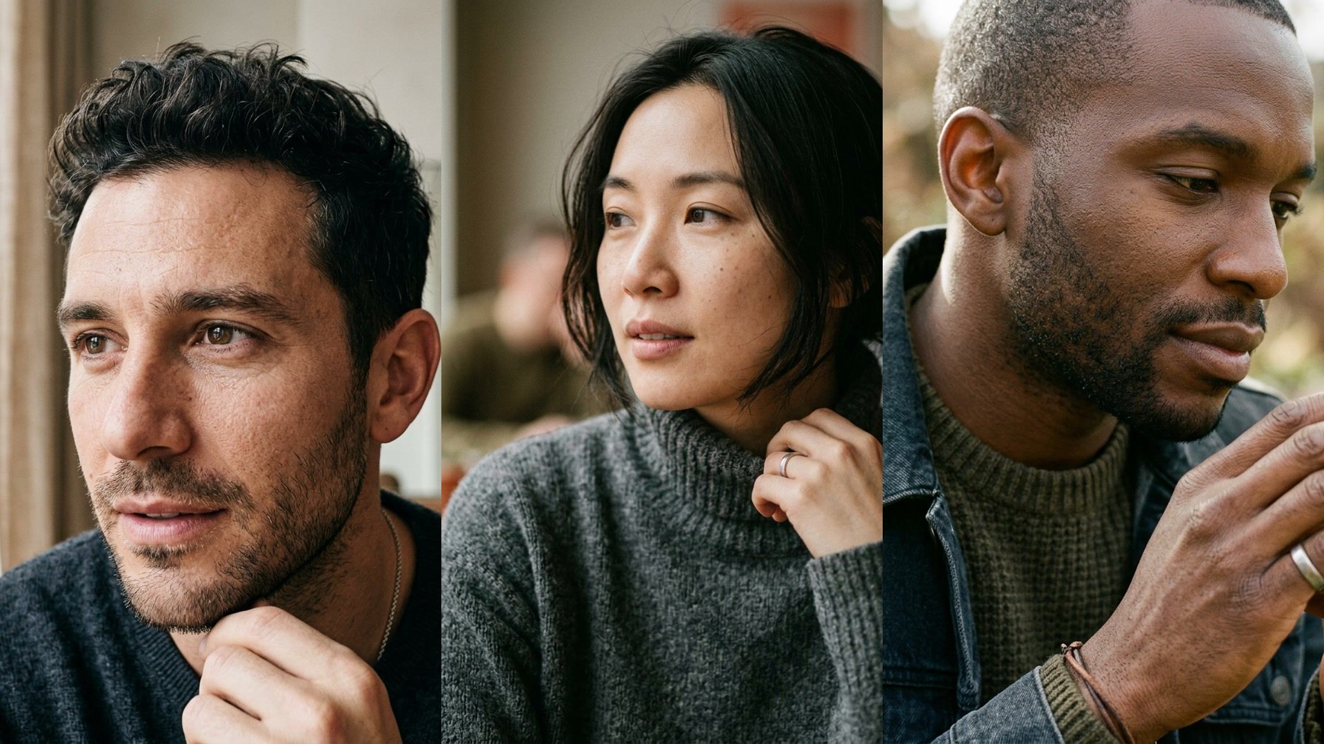 Three detailed close-up portrait ideas with natural editorial lighting