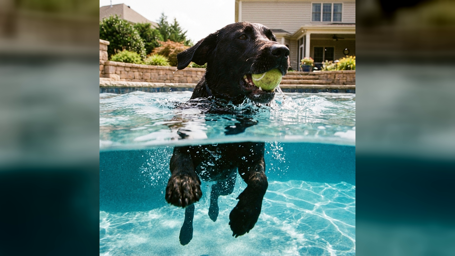 black dog swimming with a tennis ball in a clean 16:9 pet photography composition