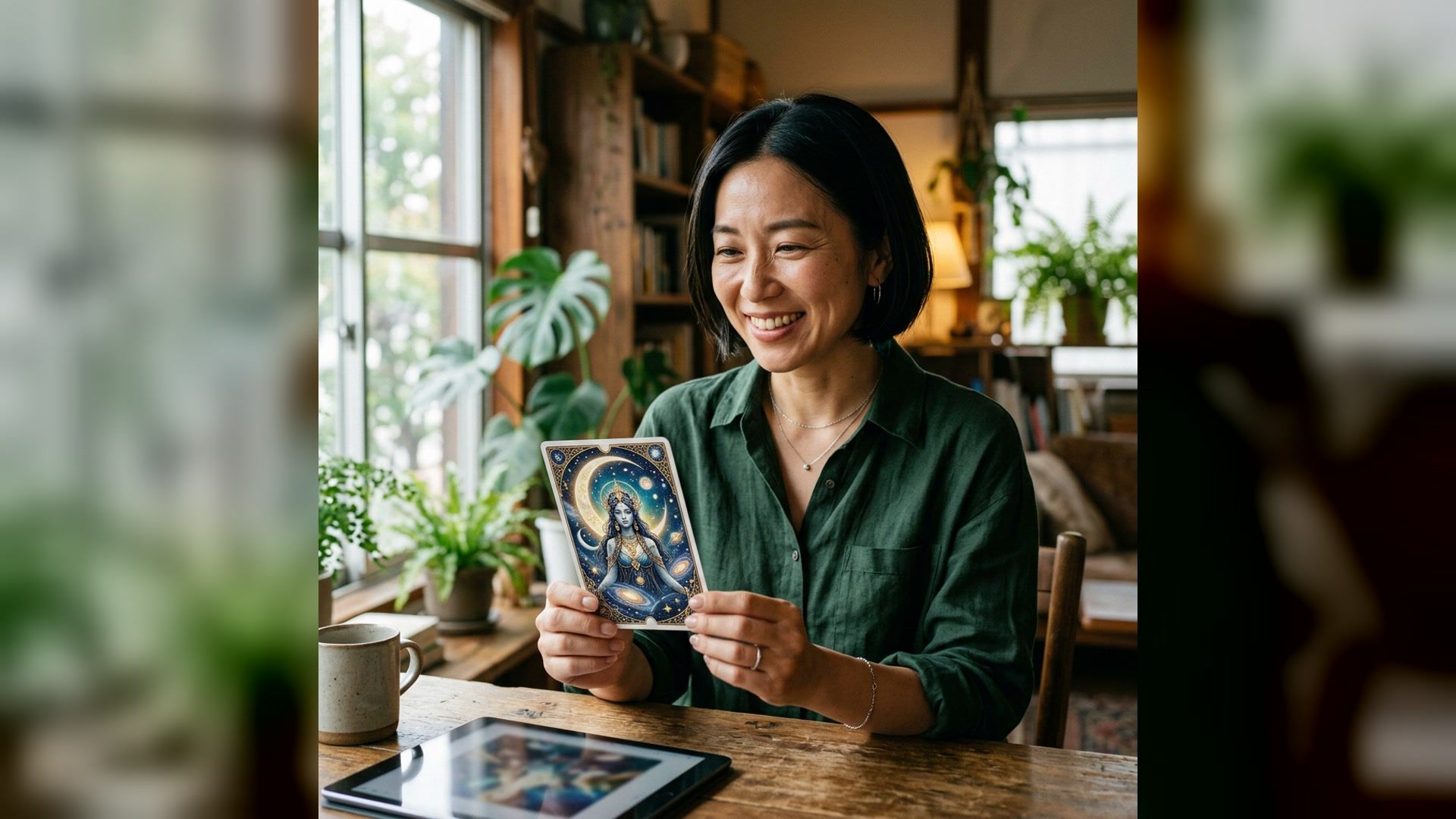 Creator holding original celestial tarot-style card artwork made with imageat