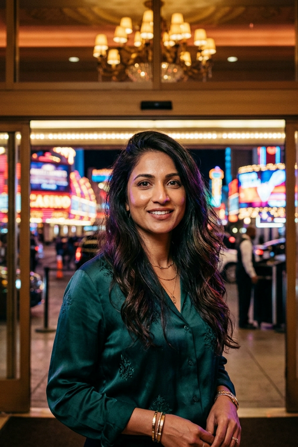 imageat-owned Las Vegas nightlife portrait at a hotel entrance in a clean 16:9 composition