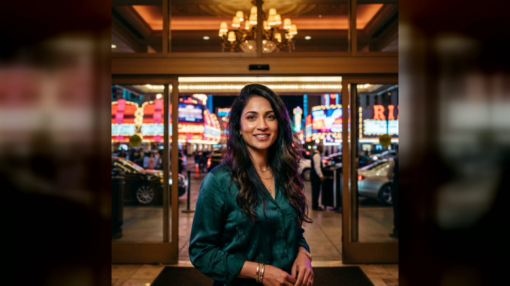 imageat-owned Las Vegas nightlife portrait at a hotel entrance in a clean 16:9 composition