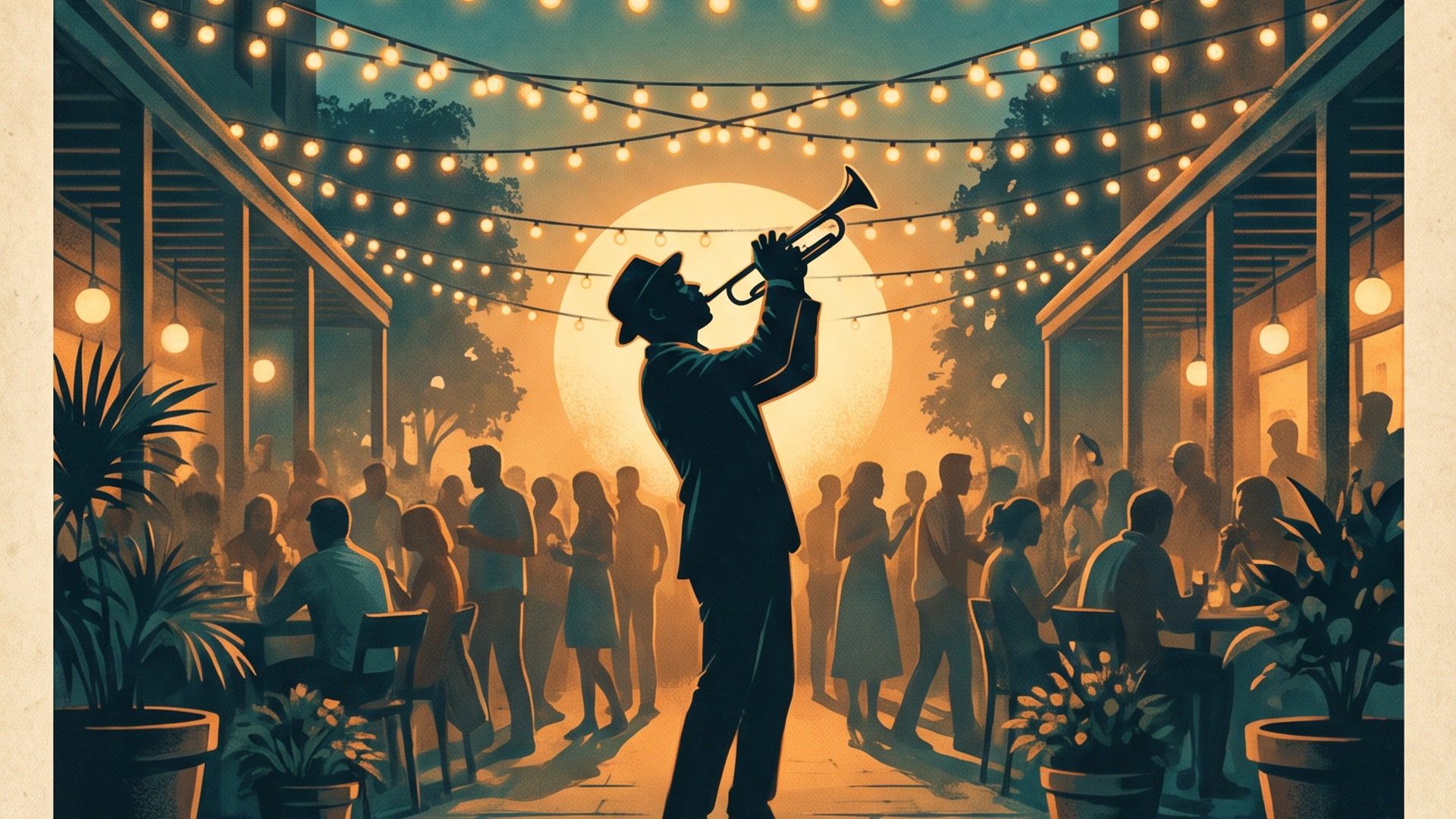 illustrated trumpet player performing under string lights at an outdoor event
