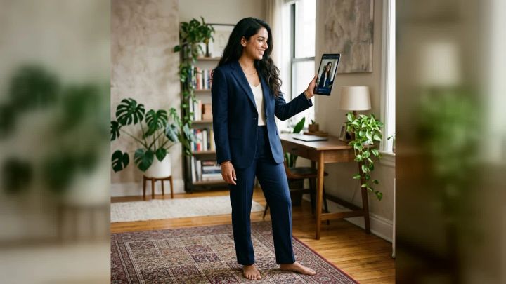 Woman previewing a classic navy business suit with virtual try-on