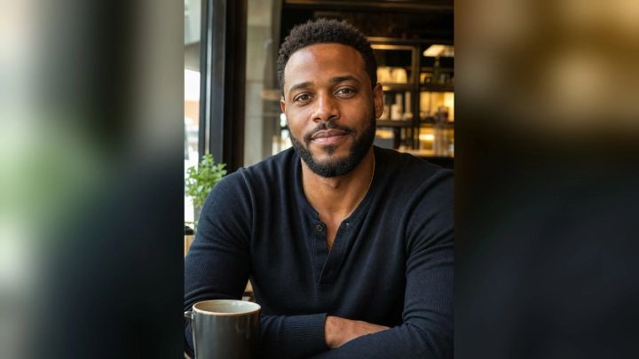 Casual coffee-date portrait with a clean blurred background