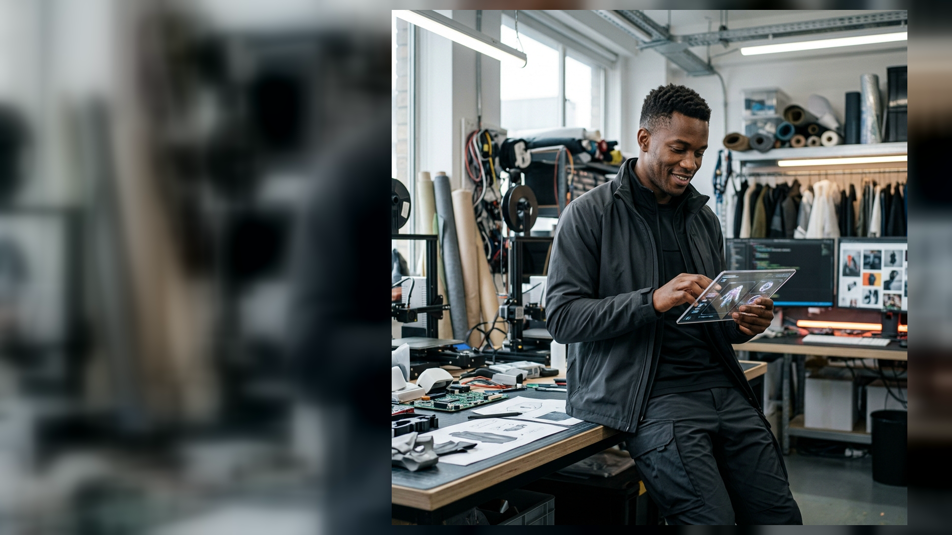 imageat-owned cyberpunk techwear studio portrait with a futuristic transparent interface and title-safe negative space