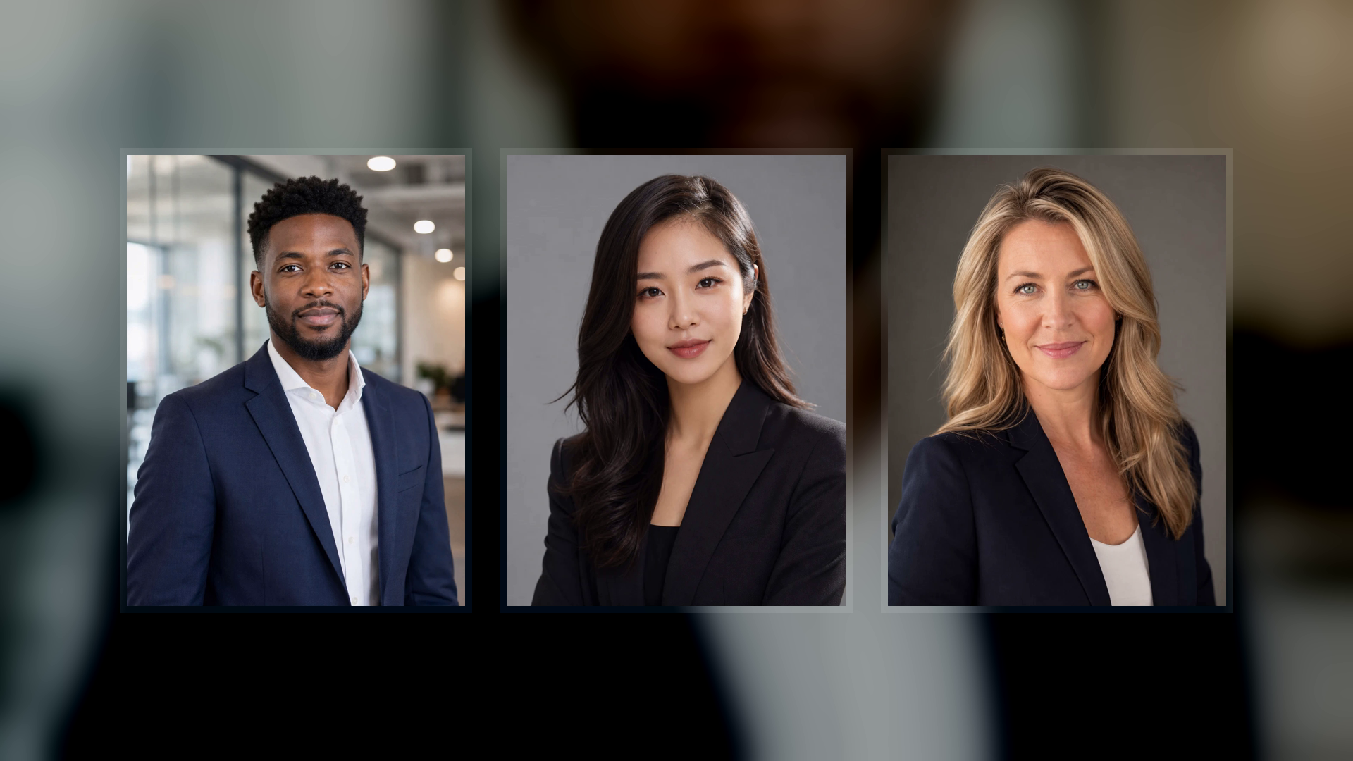 Three professional LinkedIn-style headshot examples created with imageat