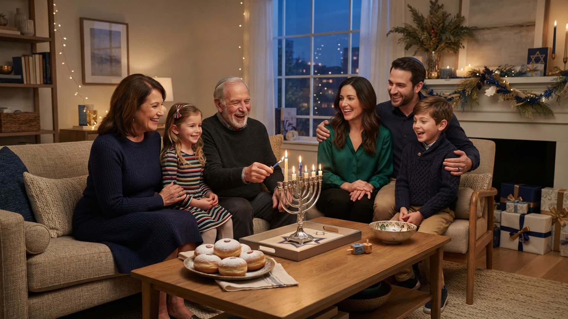 fictional multigenerational family gathered around a Hanukkah menorah at blue hour