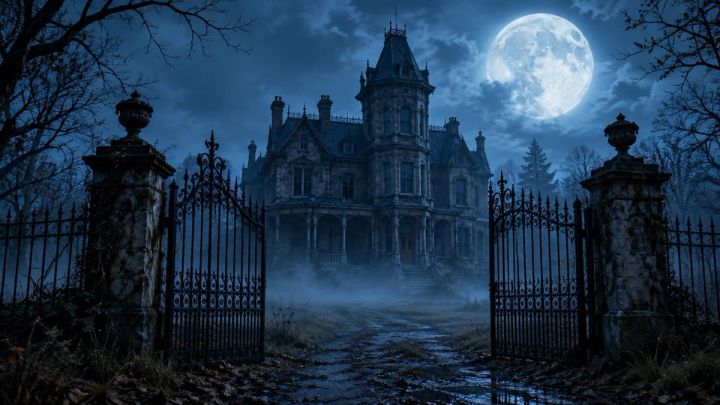 moonlit haunted manor behind open iron gates as a Halloween background