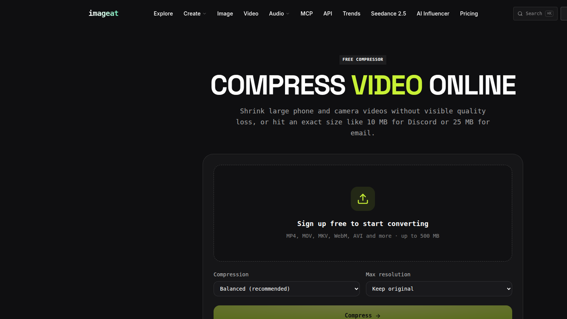 imageat video compressor interface for creating a Discord video under 10 MB