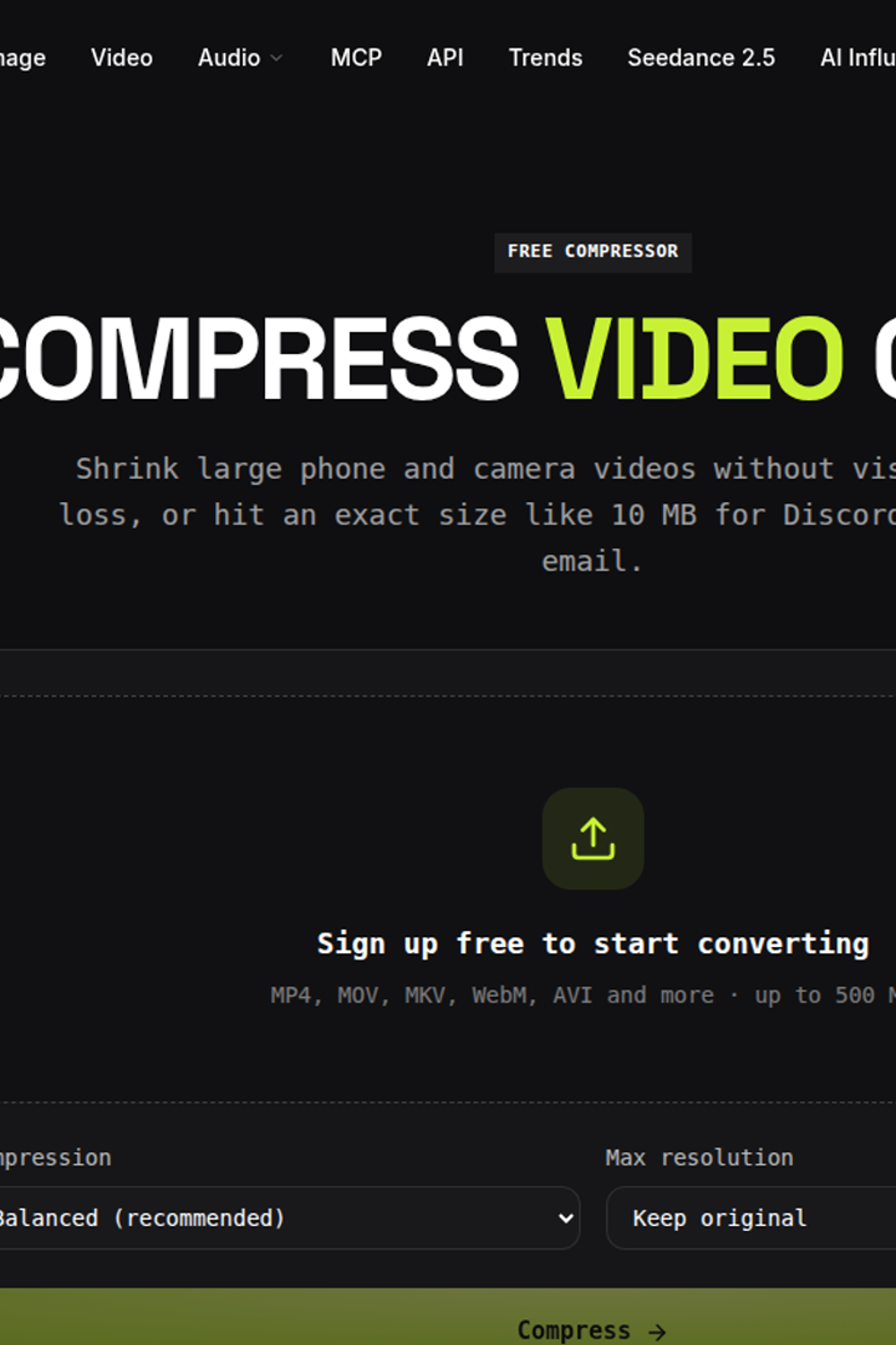 imageat video compressor interface for creating a Discord video under 10 MB