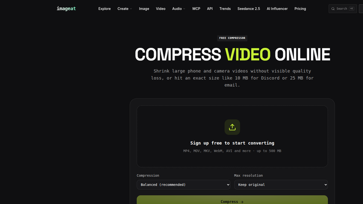 imageat video compressor interface for creating a Discord video under 10 MB