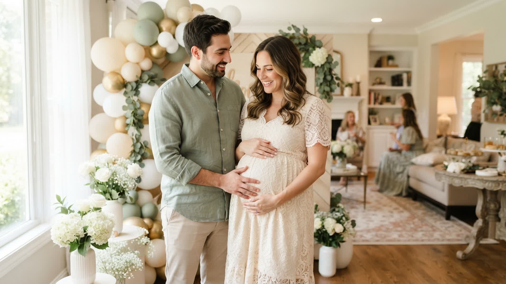 expectant couple posing together at a bright cream and sage baby shower