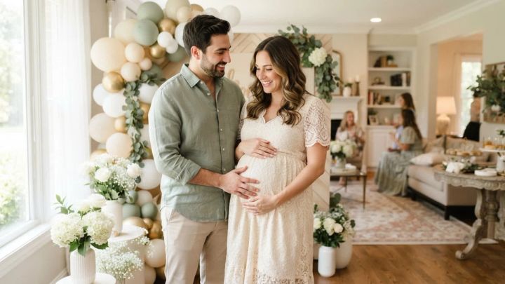 expectant couple posing together at a bright cream and sage baby shower