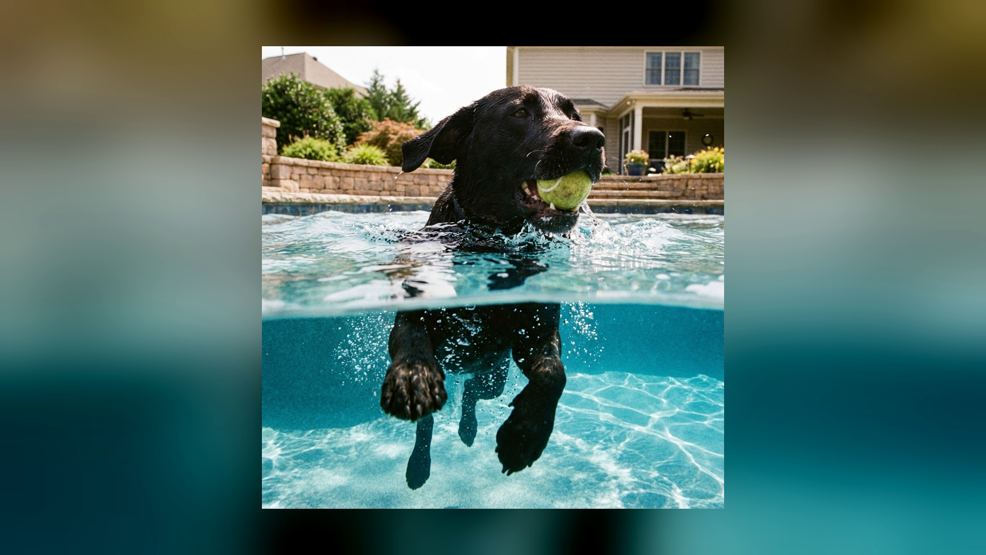 Black dog swimming with a tennis ball in a square album-art concept on a blurred 16:9 background