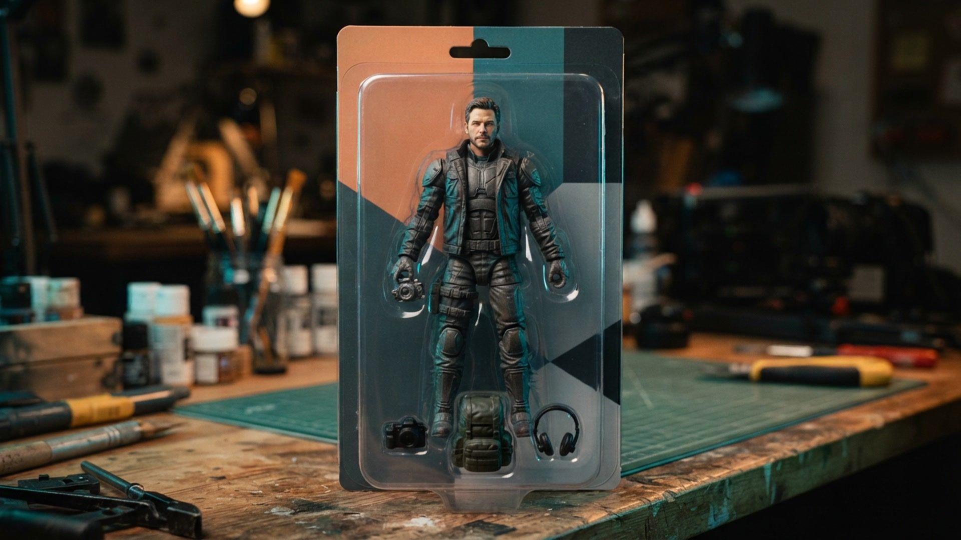 Original action figure concept in clean collector packaging with no text or logos