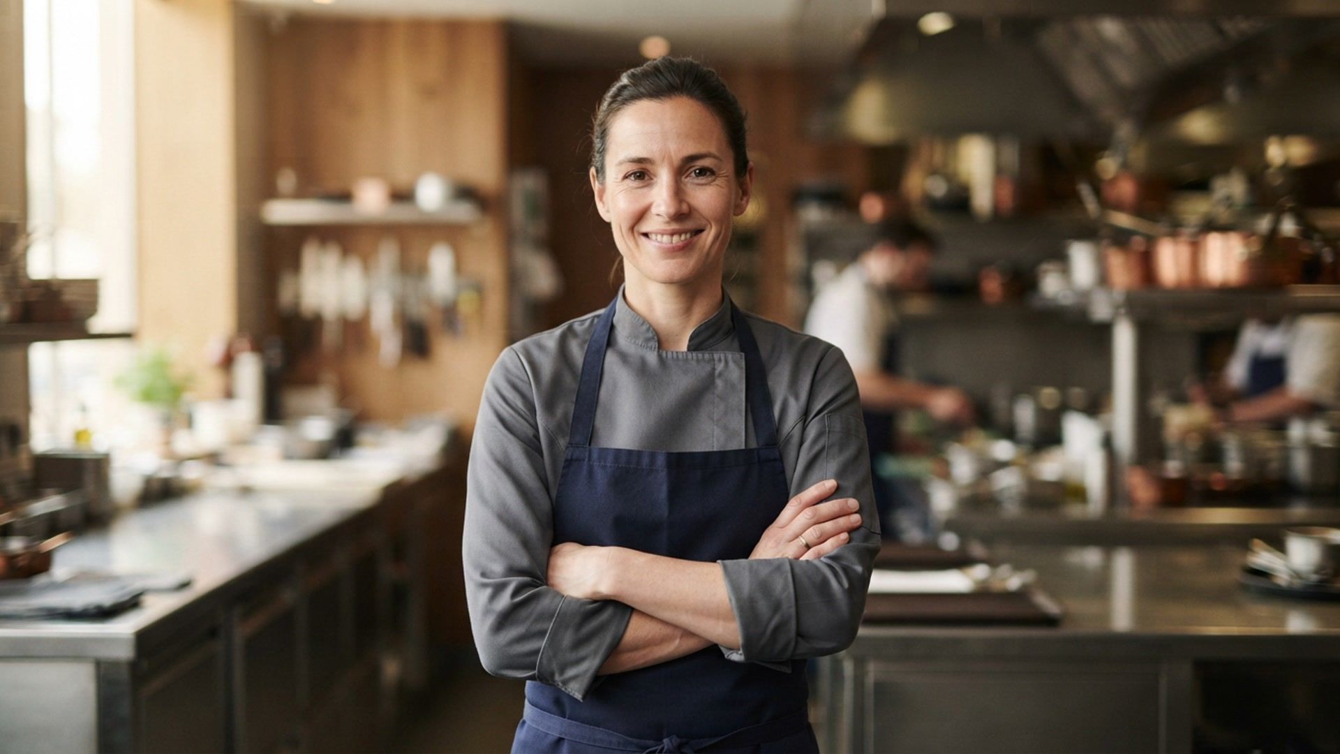 Professional chef in a charcoal jacket posing with folded arms in a contemporary restaurant kitchen