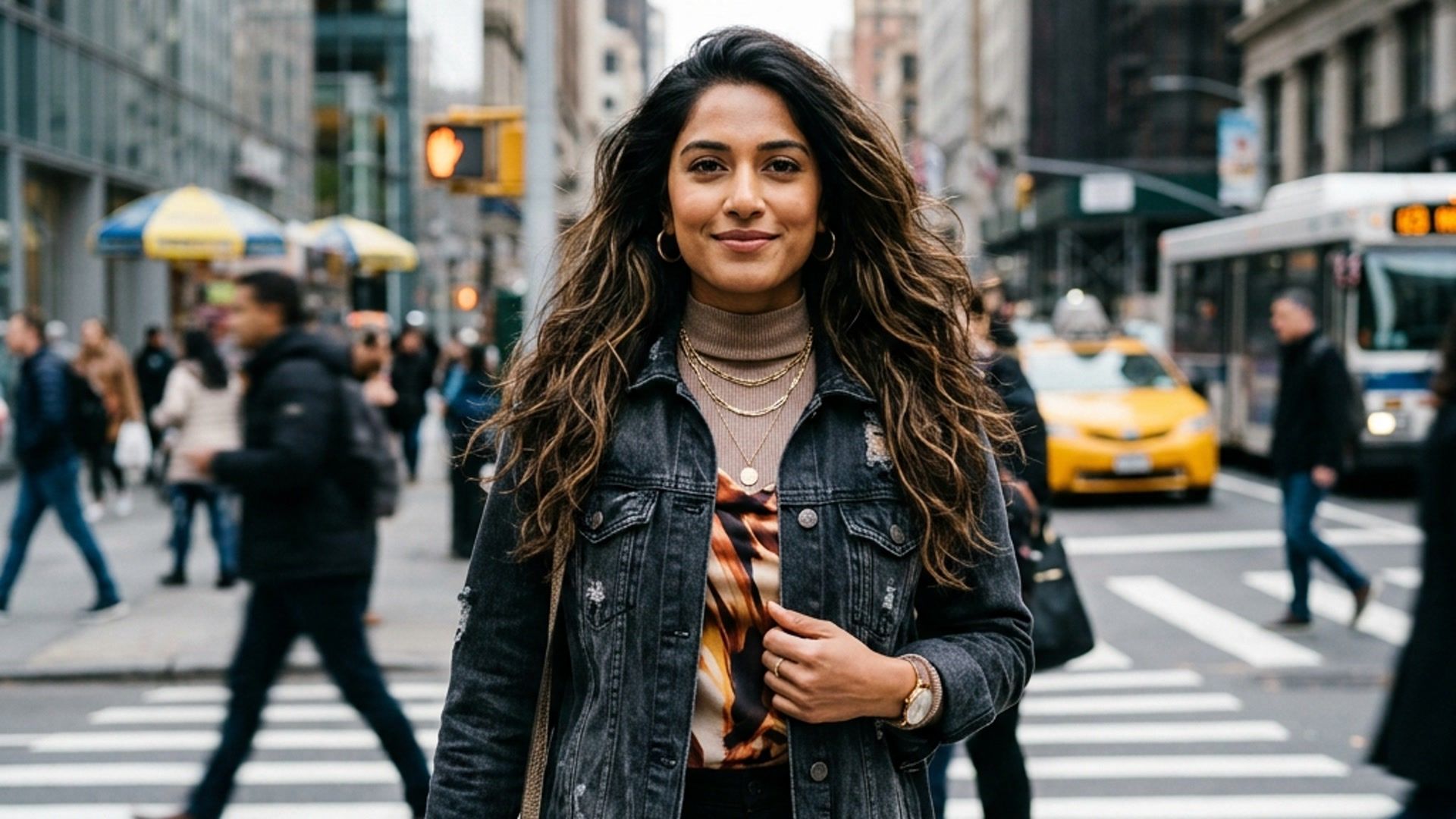 Woman in a layered street style outfit standing at a city crosswalk