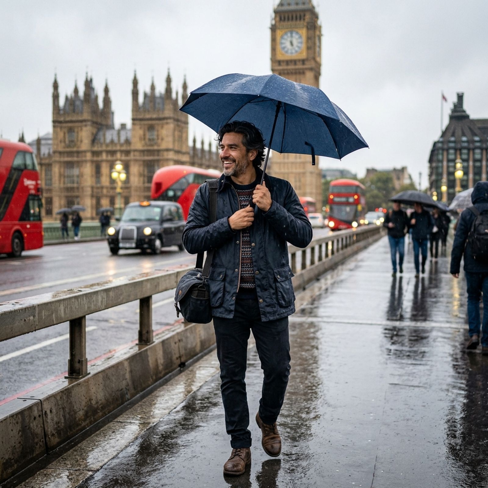 imageat-owned rainy Westminster portrait illustrating layered London travel clothing