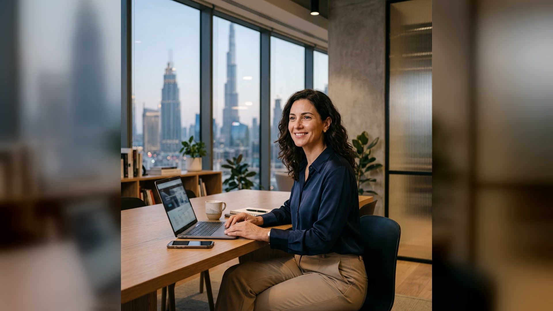 entrepreneur working at a laptop in a modern office with a city skyline