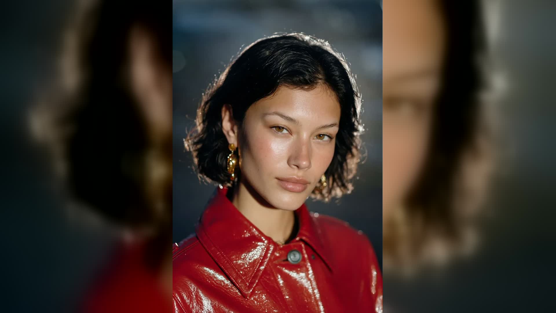 Y2K direct-flash portrait with a glossy red jacket