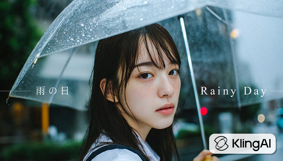 Rainy day cinematic portrait example with KlingAI logo for image-to-video tutorial