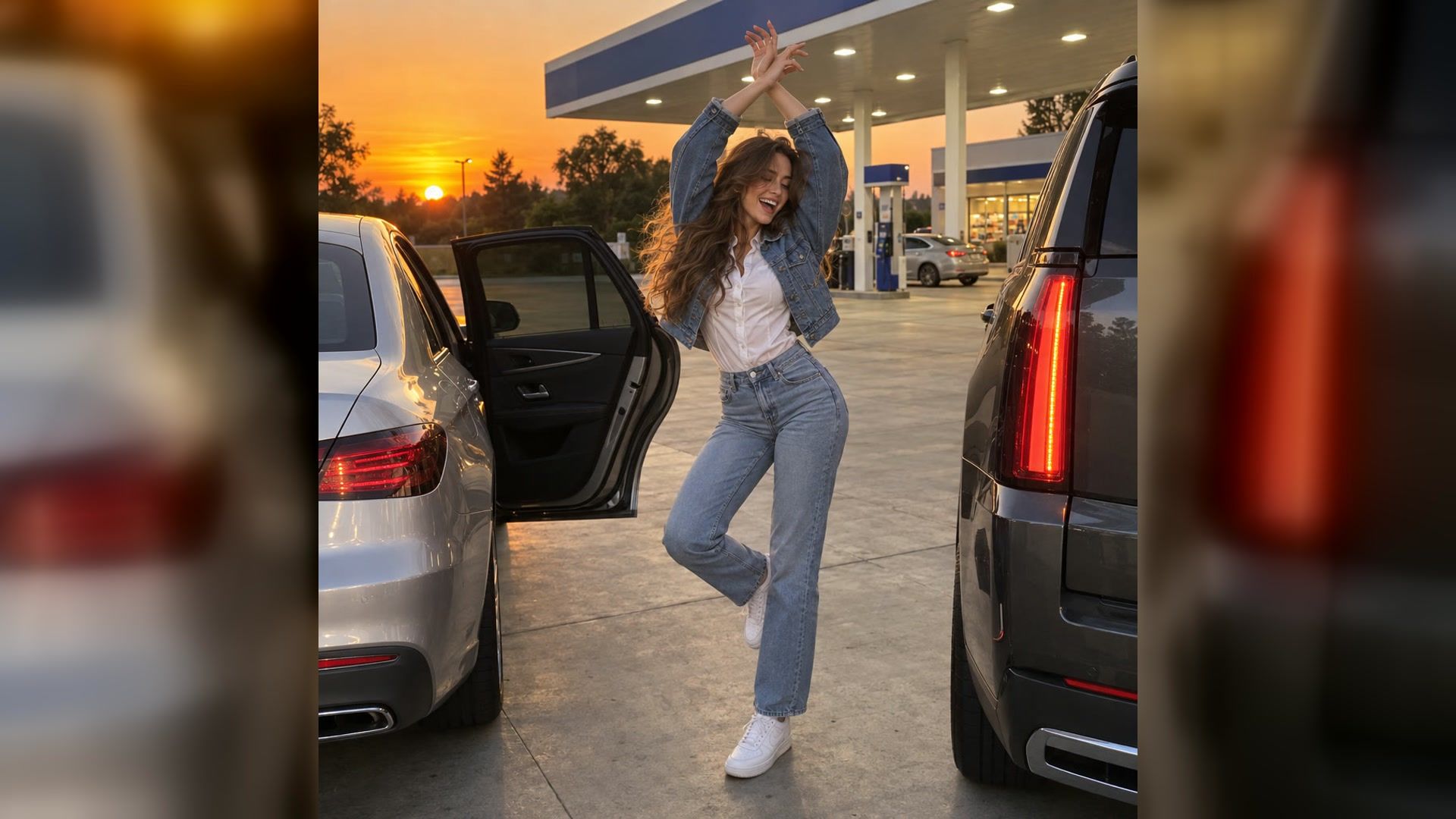 adult woman dancing between cars at a gas station during sunset
