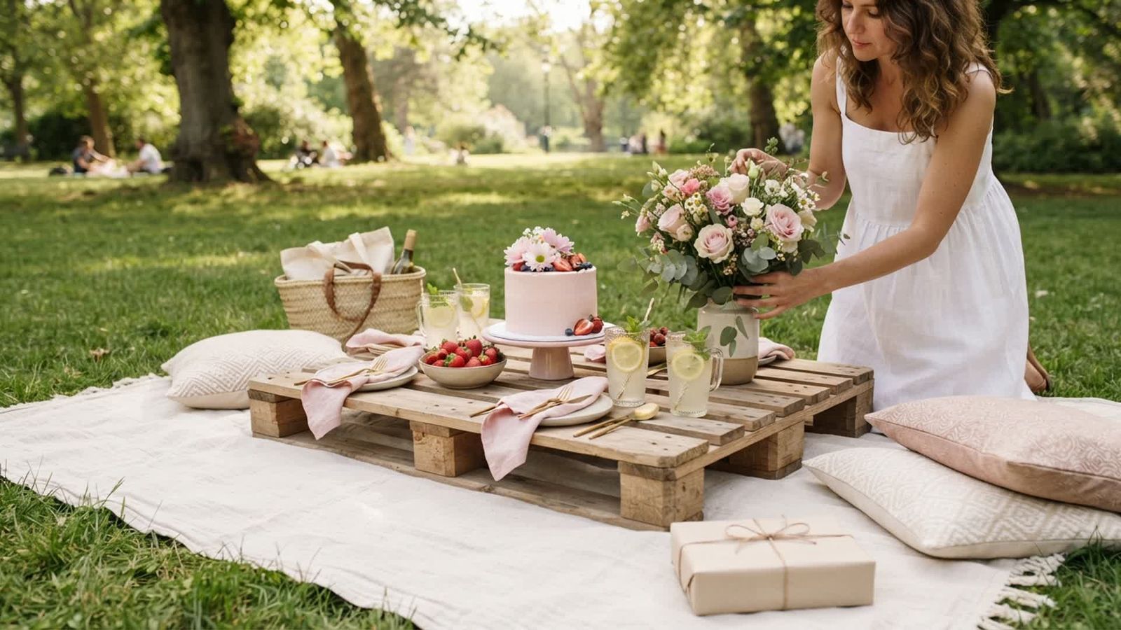 pink birthday picnic setup with cake, flowers, fruit, and cushions