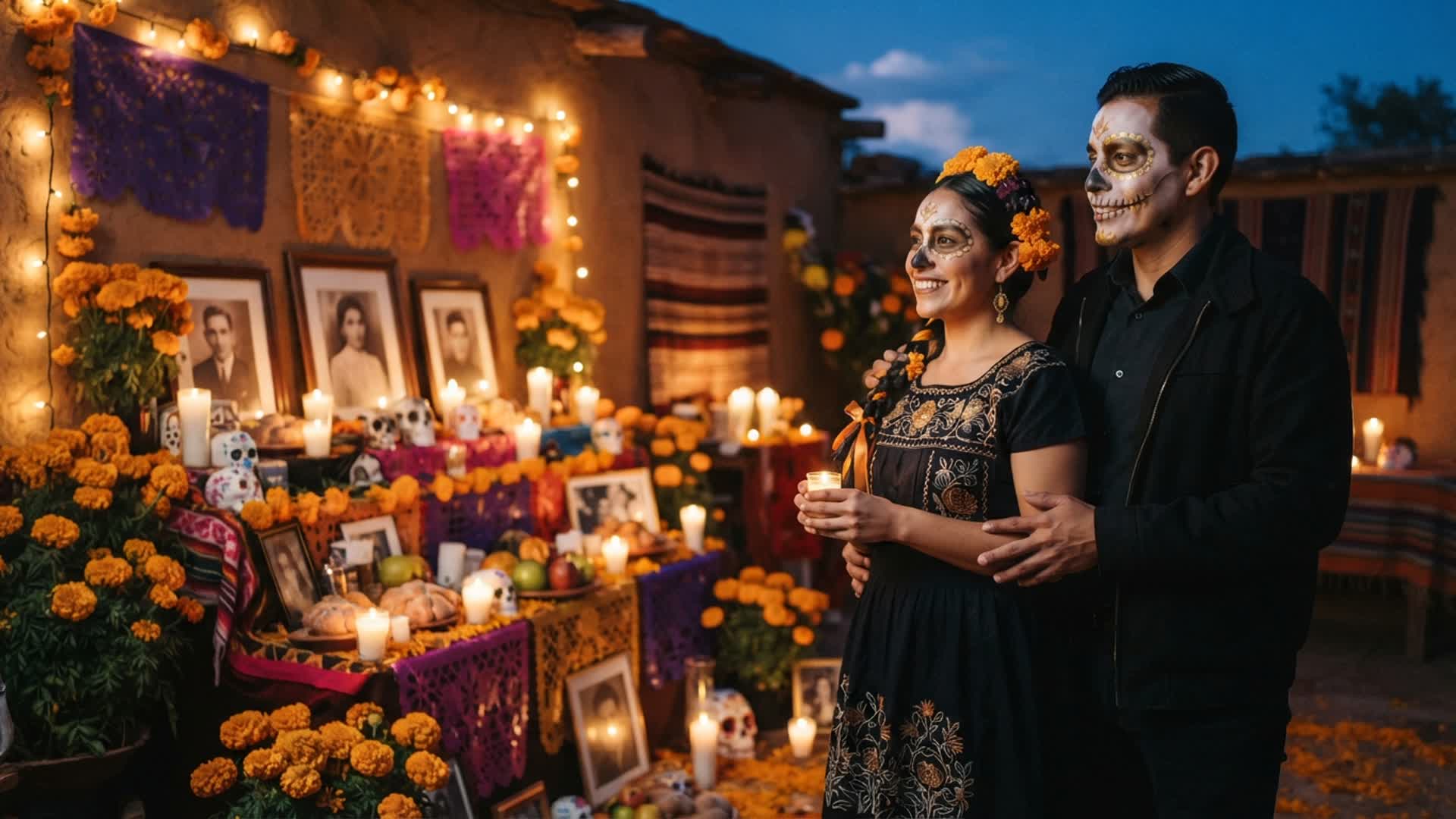 two adults beside a marigold-covered ofrenda in a respectful Día de los Muertos portrait scene