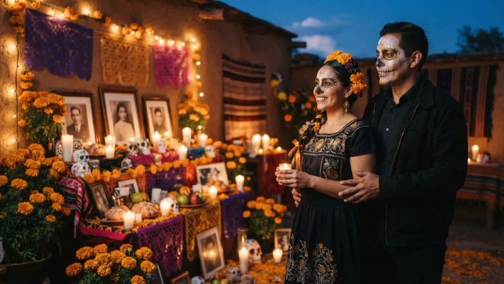 two adults beside a marigold-covered ofrenda in a respectful Día de los Muertos portrait scene