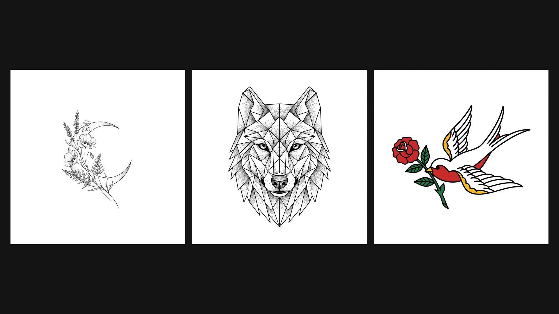 Three imageat tattoo design examples for comparing tattoo placement ideas