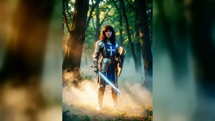 Original fantasy knight costume portrait in a misty forest with warm backlight
