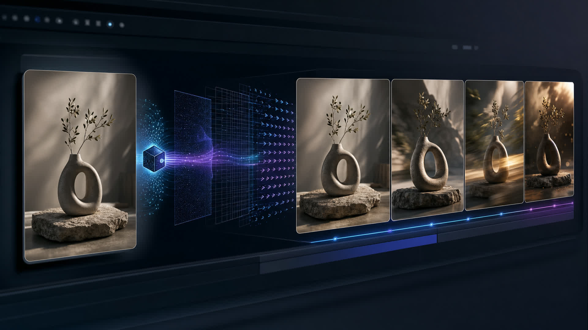 A source product image transformed into a sequence of AI video frames
