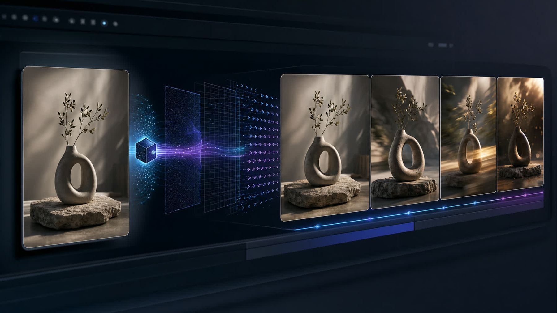 A source product image transformed into a sequence of AI video frames
