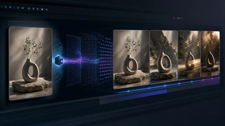 A source product image transformed into a sequence of AI video frames
