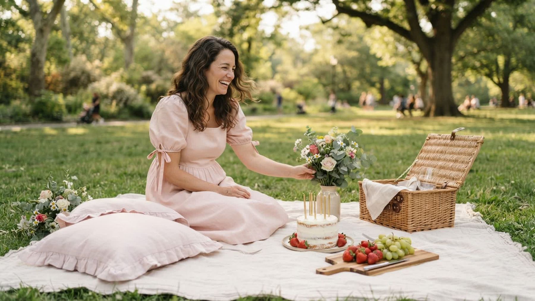 pink birthday picnic with cake, flowers, fruit, cushions, and a smiling guest in a park