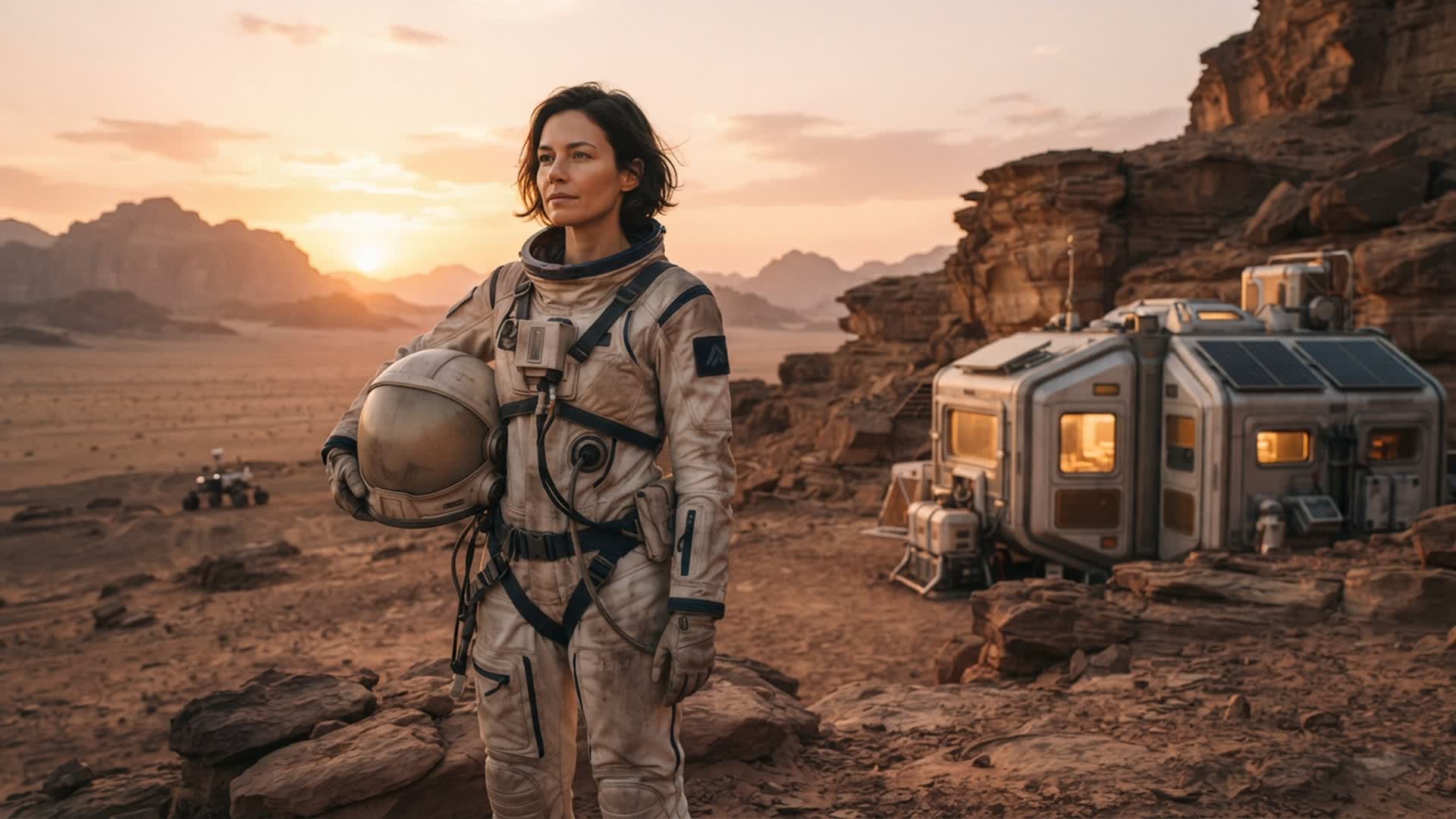 fictional adult explorer in an original Mars field suit beside a compact research habitat