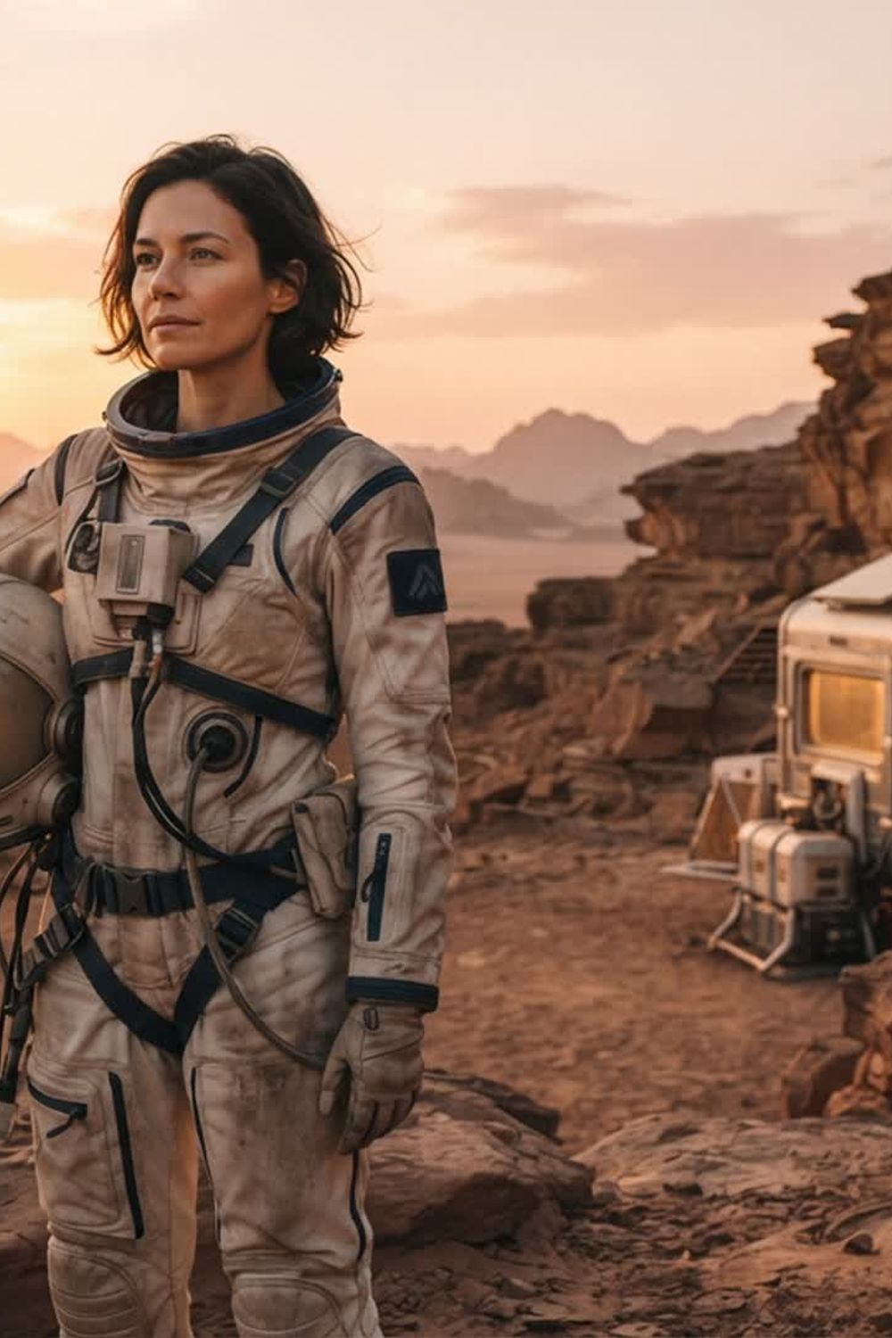 fictional adult explorer in an original Mars field suit beside a compact research habitat