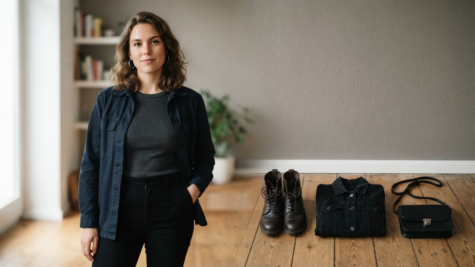 clear source portrait with a dark layered outfit, sturdy shoes, jacket, and compact bag