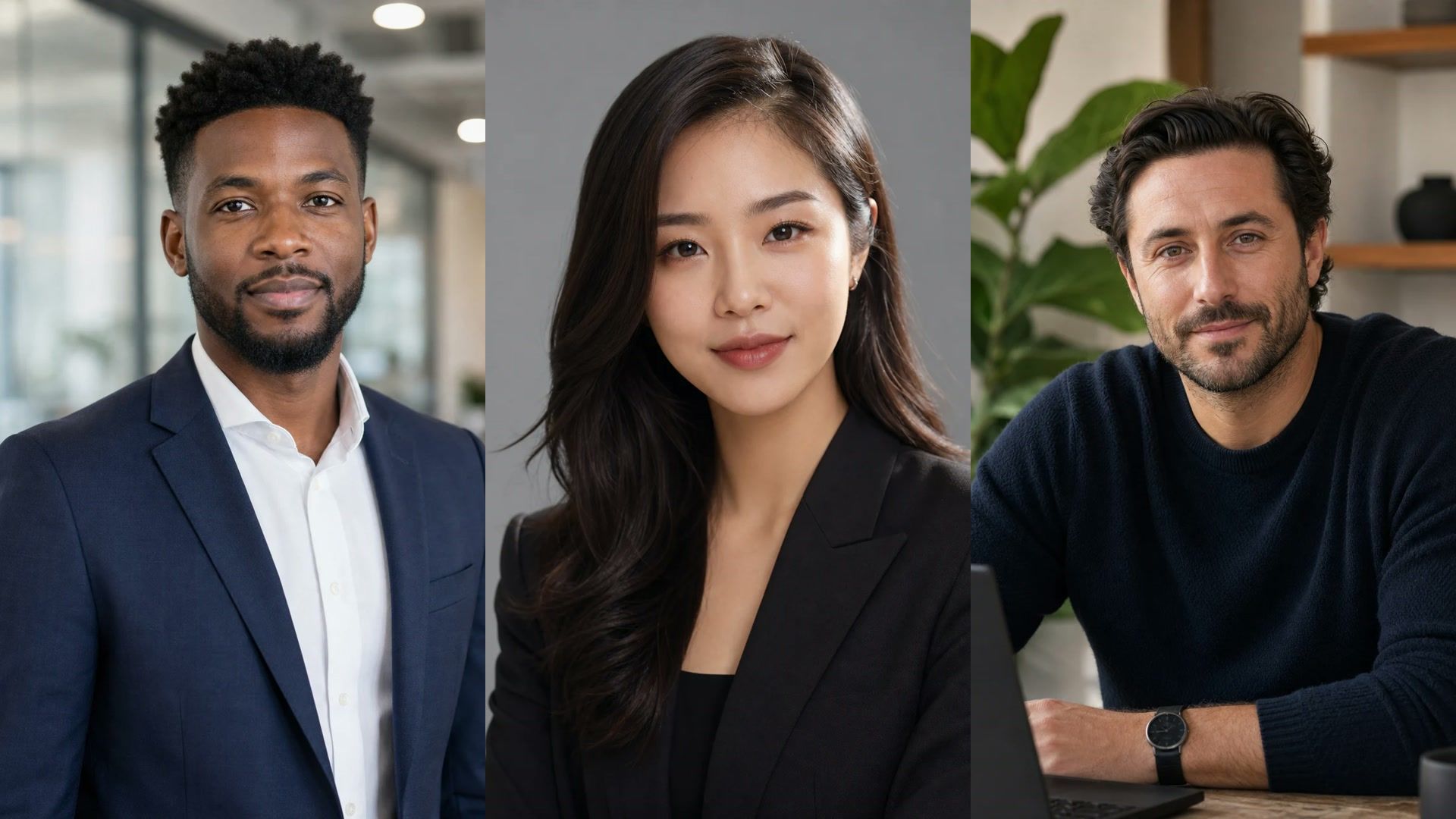 Three coordinated professional employee headshots arranged in a clean horizontal portrait set