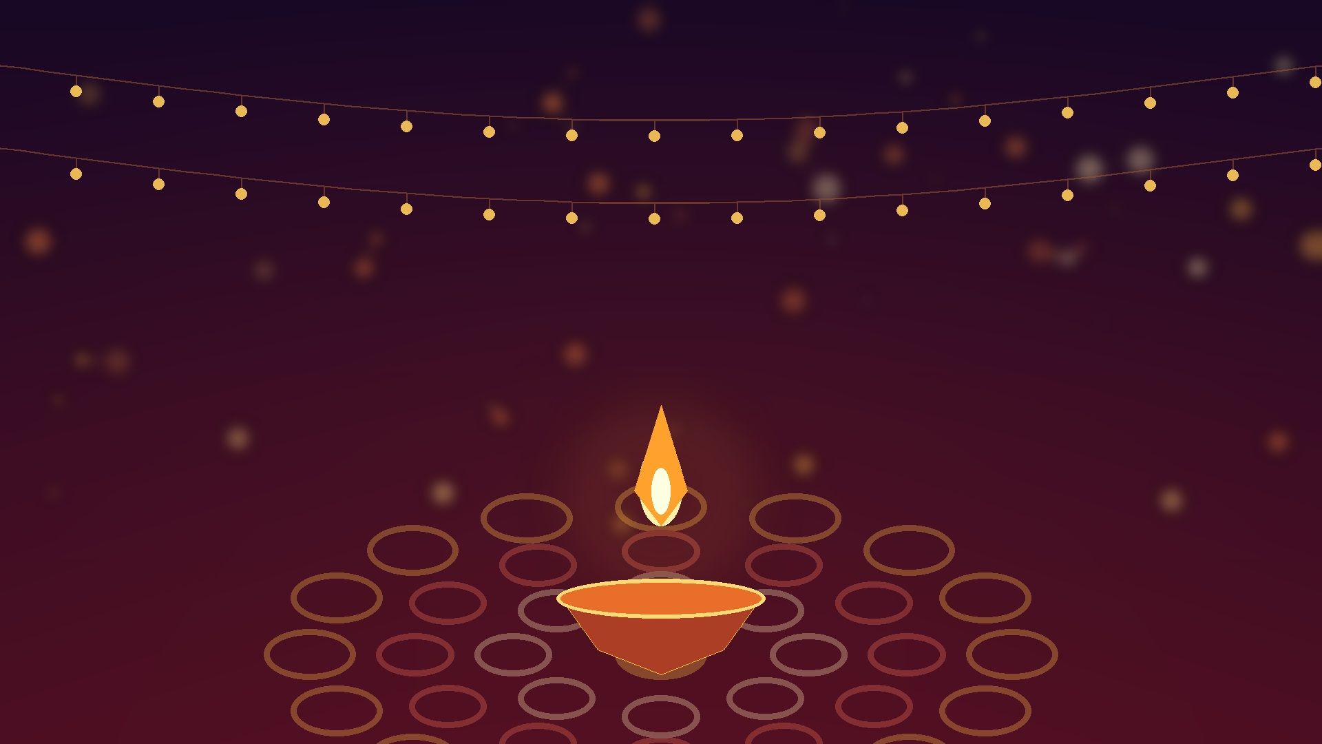 Warm Diwali photoshoot setup with a diya, rangoli pattern, and string lights