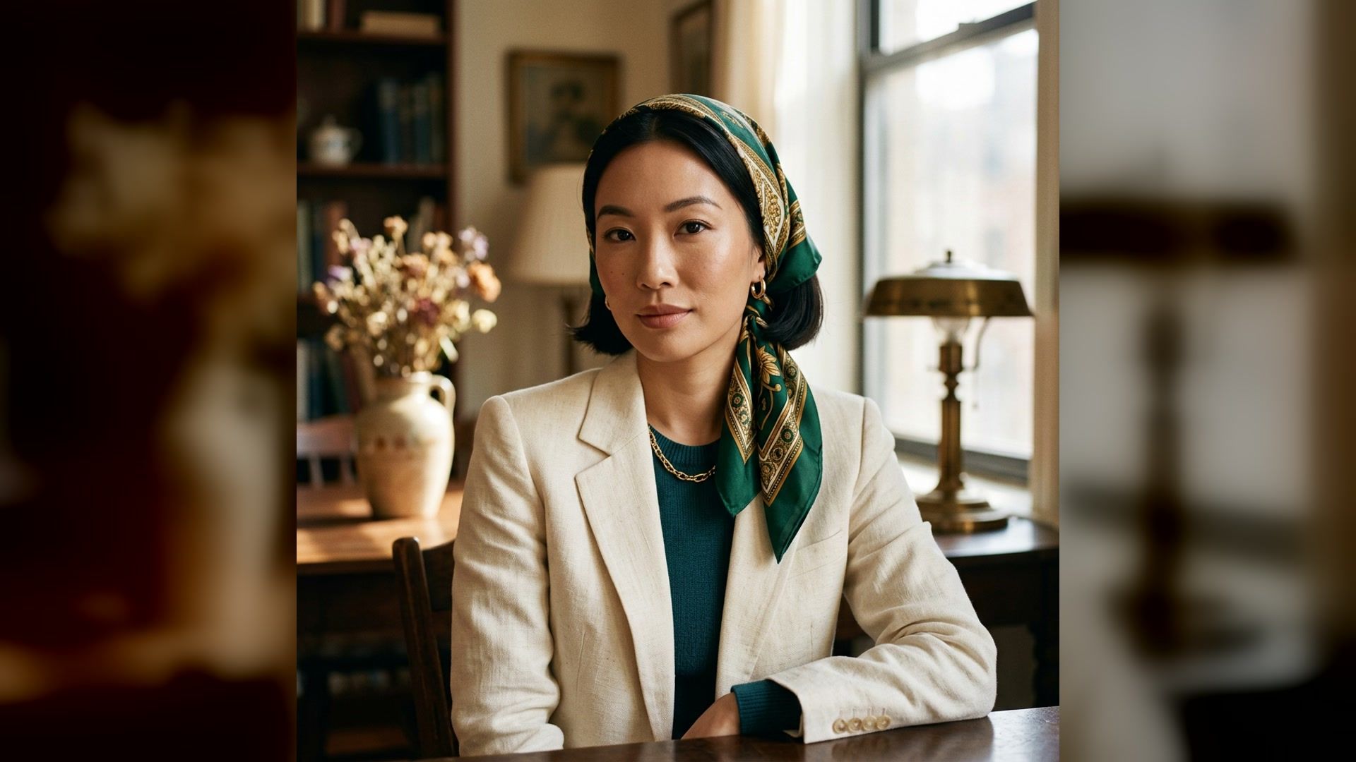 Woman wearing an elegant green patterned hair scarf in a softly lit room